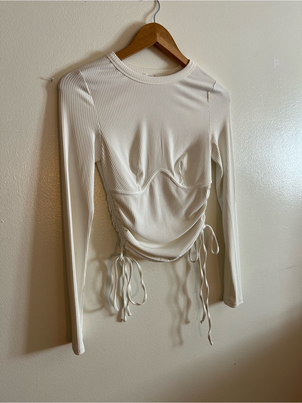 12th Tribe Cream Long Sleeve Ruched Tie-Side Top